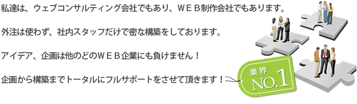 私達は、ウェブコンサルティング会社でもあり、WEB制作会社でもあります。外注は使わず、社内スタッフだけで密な構築をしております。アイデア、企画は他のどのWEB企業にも負けません！企画から構築までトータルにフルサポートをさせて頂きます！